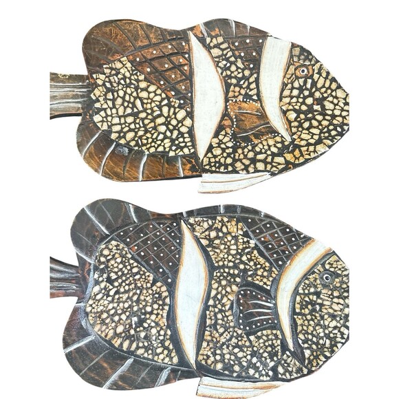 Natural Wood Fish Shaped Tray Hand Made Carved & Inlayed Folk Art 10.5” Set Of 2 - Picture 3 of 7